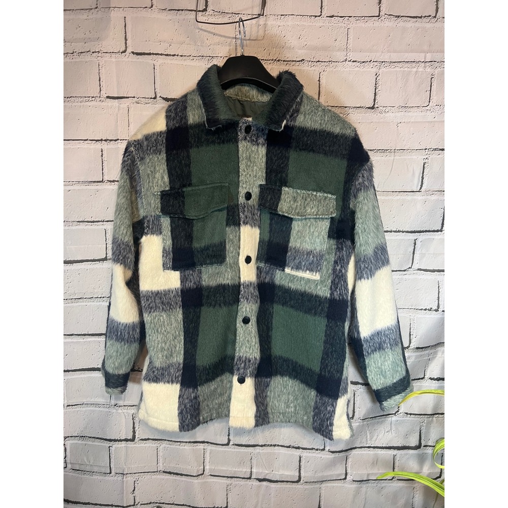 HM Mens XL Fuzzy Plaid Shirt Jacket Green Navy Cream Flannel Shacket Oversized